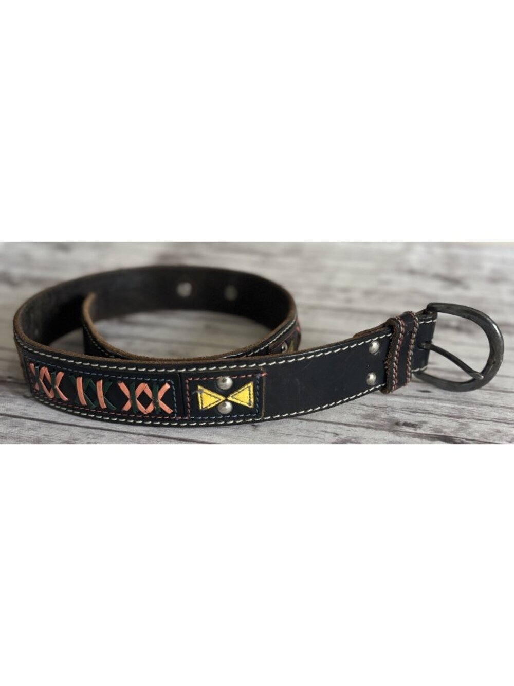 GAP Leather Belt Black Size 28 Medium Boho Yellow Blue Diamonds Southwestern